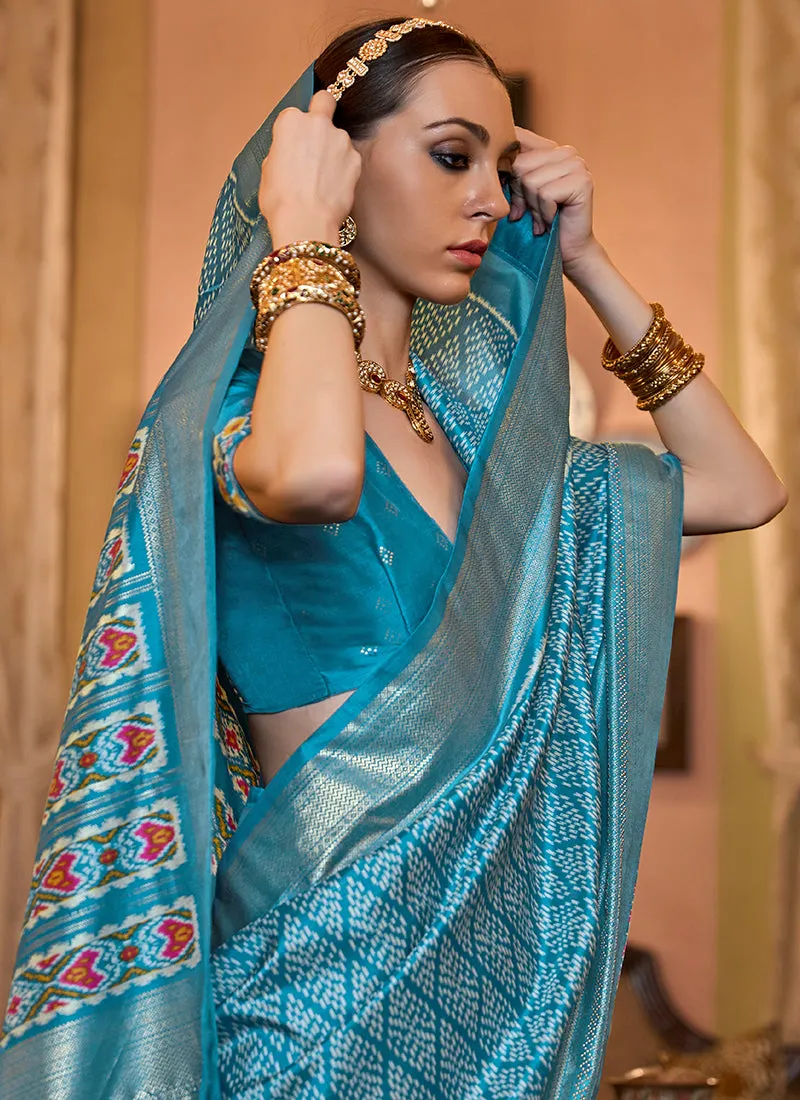 Azure Blue Ikat Printed Patola Silk Saree