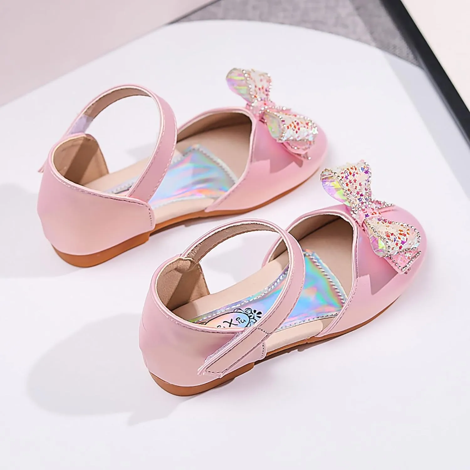 Baby Girls Dress Dance Shoes Bow Glitter Sequins Ankle 𝗟ow Heel Sandals Closed Toe Strap Toddler Kids Loafers