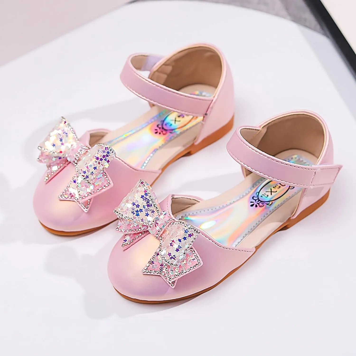 Baby Girls Dress Dance Shoes Bow Glitter Sequins Ankle 𝗟ow Heel Sandals Closed Toe Strap Toddler Kids Loafers