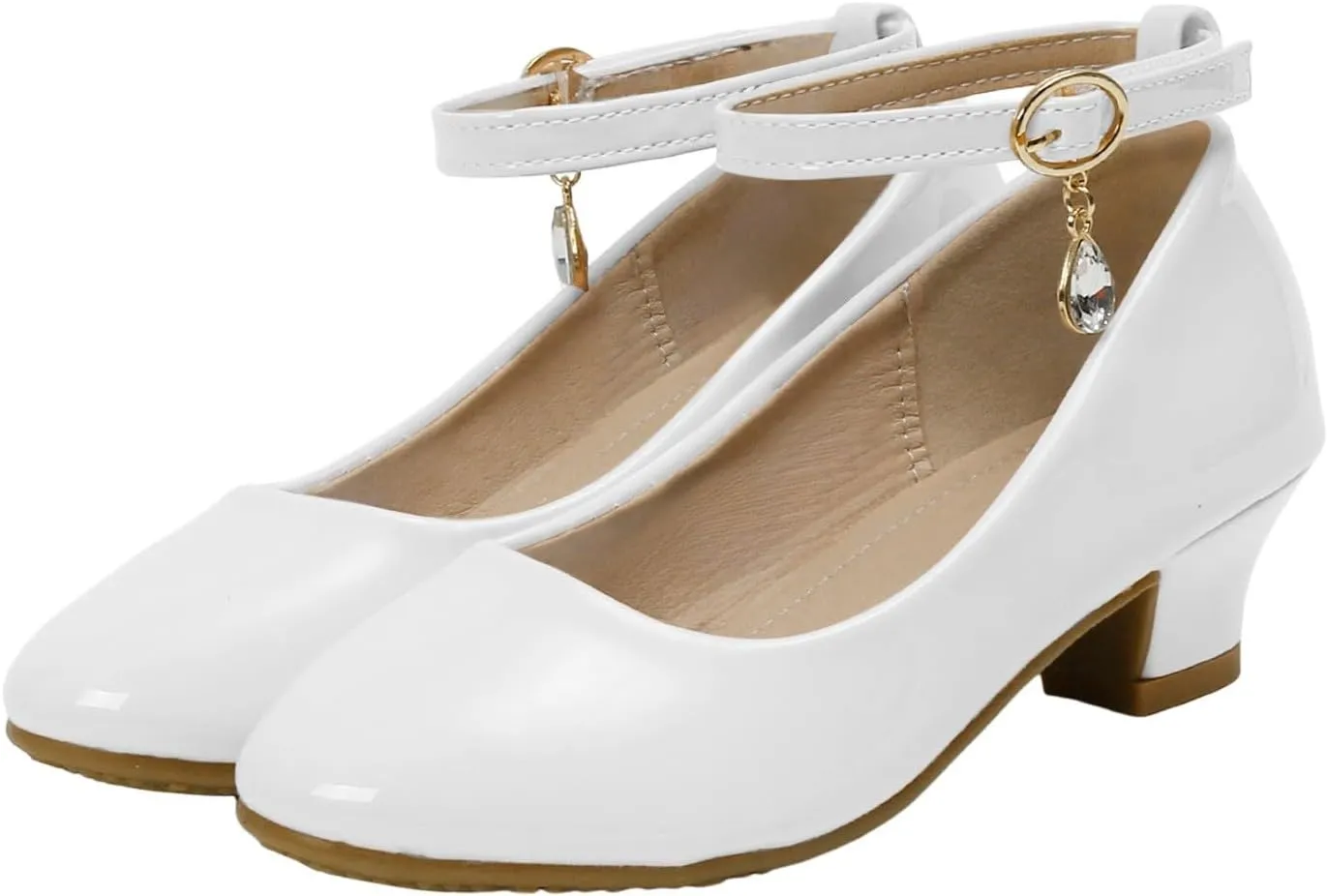 Girls High Heel Dressy Shoes Mary Jane Crystal Slip on Shoes with Adjustable Ankle Strap Close Toe Summer Wedges for Little Girl with Comfy Insole Non Slip Elegant Performance Party Wedding