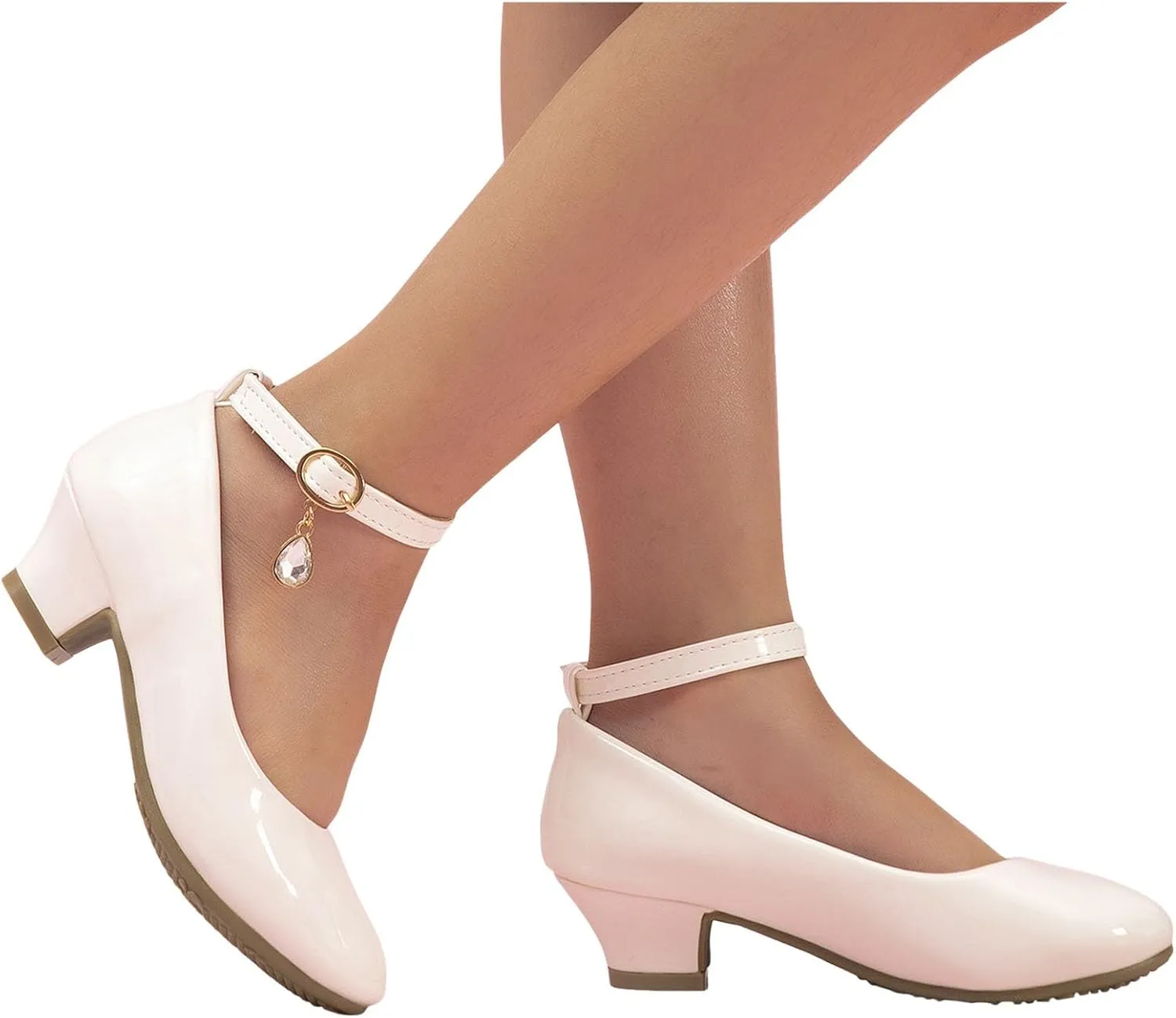 Girls High Heel Dressy Shoes Mary Jane Crystal Slip on Shoes with Adjustable Ankle Strap Close Toe Summer Wedges for Little Girl with Comfy Insole Non Slip Elegant Performance Party Wedding