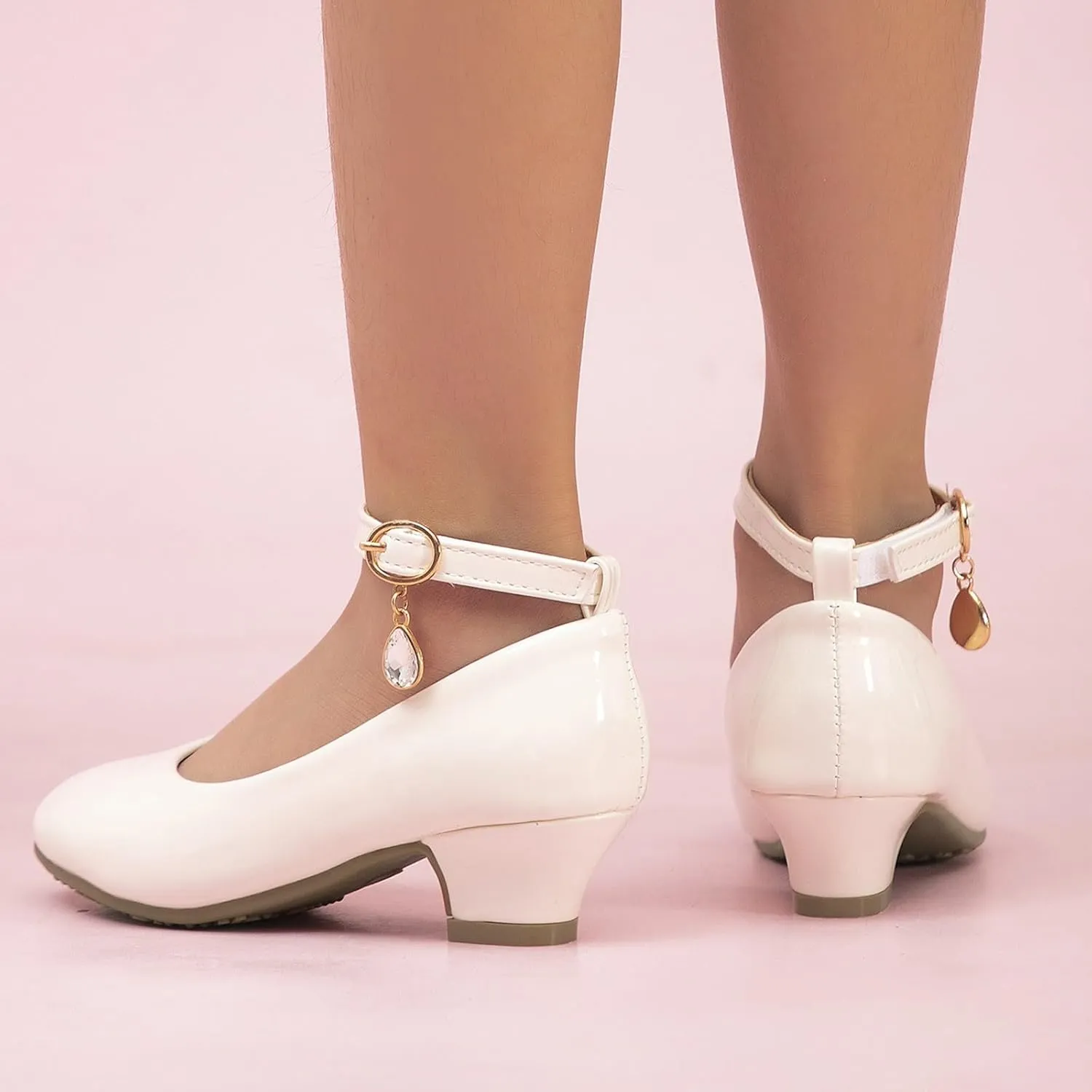 Girls High Heel Dressy Shoes Mary Jane Crystal Slip on Shoes with Adjustable Ankle Strap Close Toe Summer Wedges for Little Girl with Comfy Insole Non Slip Elegant Performance Party Wedding