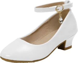 Girls High Heel Dressy Shoes Mary Jane Crystal Slip on Shoes with Adjustable Ankle Strap Close Toe Summer Wedges for Little Girl with Comfy Insole Non Slip Elegant Performance Party Wedding