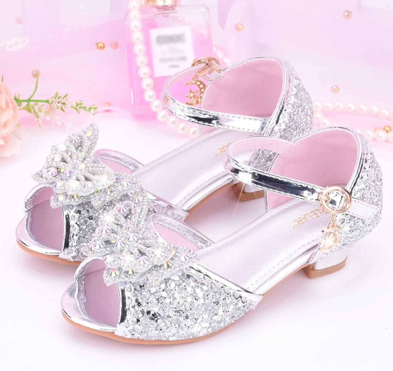 Girls Kids Sequins Pearl Bow Sandals High Heels Ankle Closed Toe Summer Princess Shoes Slip On Comfy Dress Dance Loafers