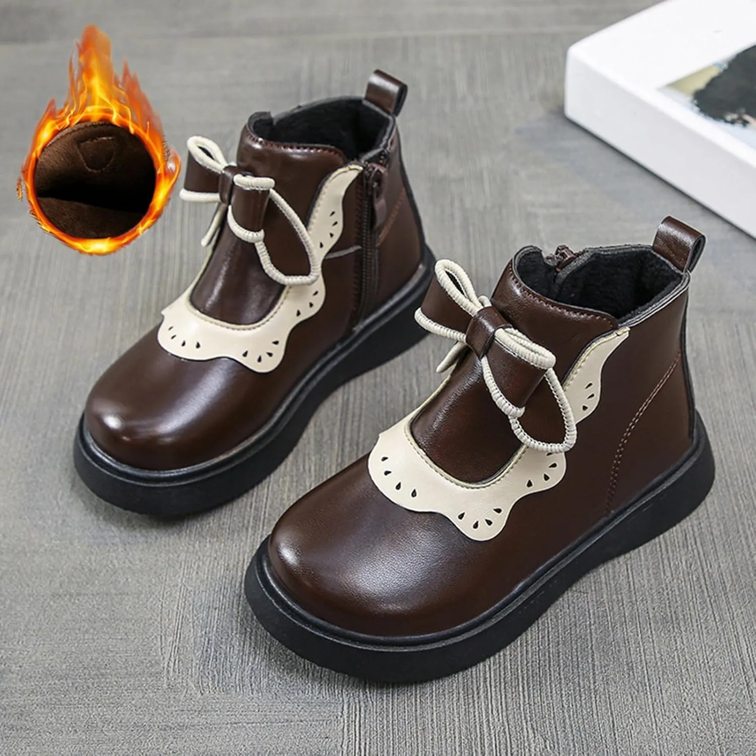 Girls Leather Ankle Boots Bowknot Warm Snow Shoes Baby Infant Non Slip Round Toe Warm Booties with Side Zipper