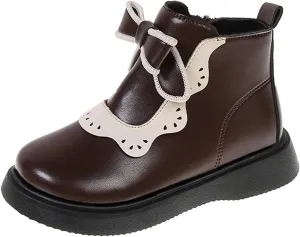 Girls Leather Ankle Boots Bowknot Warm Snow Shoes Baby Infant Non Slip Round Toe Warm Booties with Side Zipper