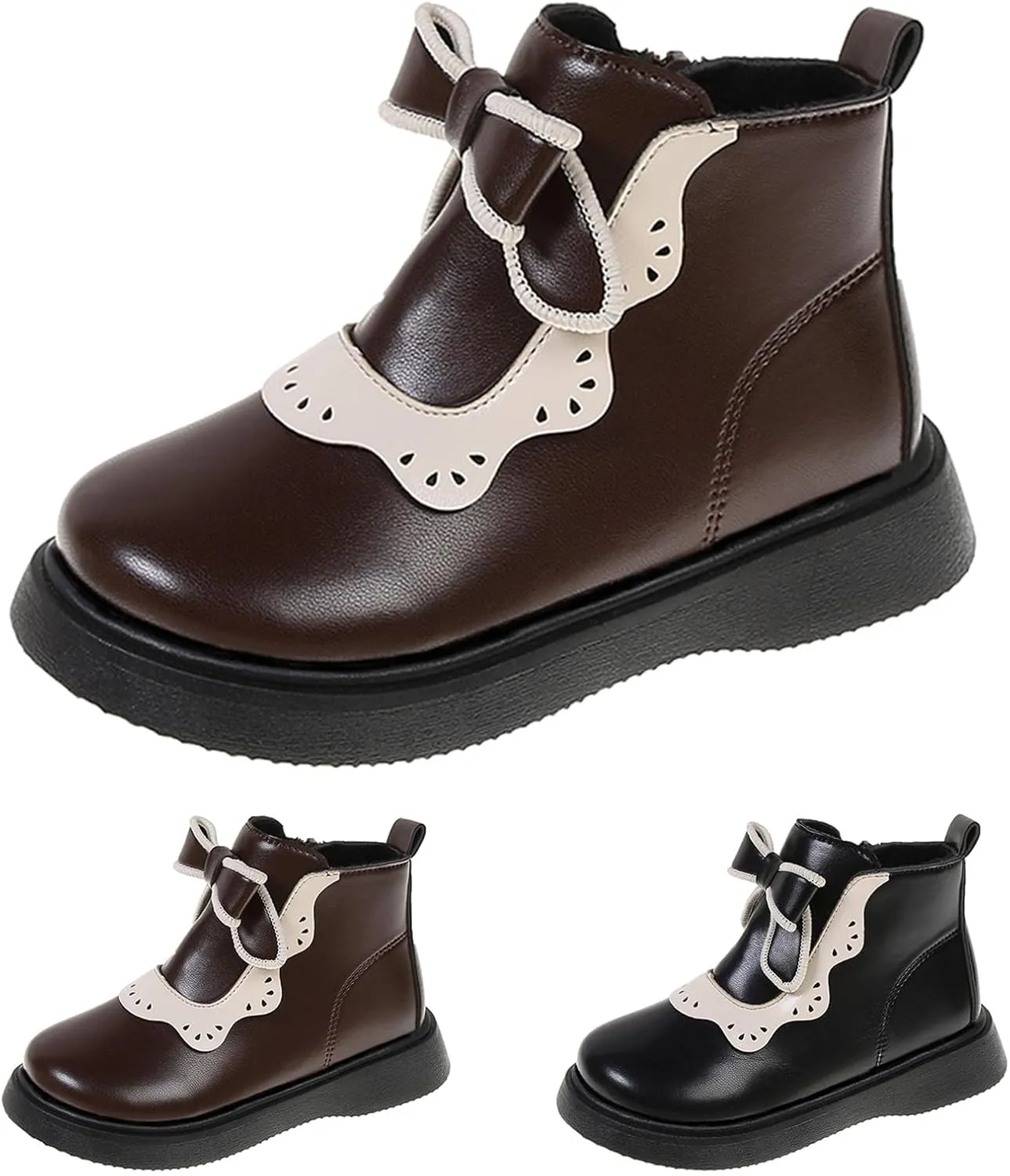 Girls Leather Ankle Boots Bowknot Warm Snow Shoes Baby Infant Non Slip Round Toe Warm Booties with Side Zipper