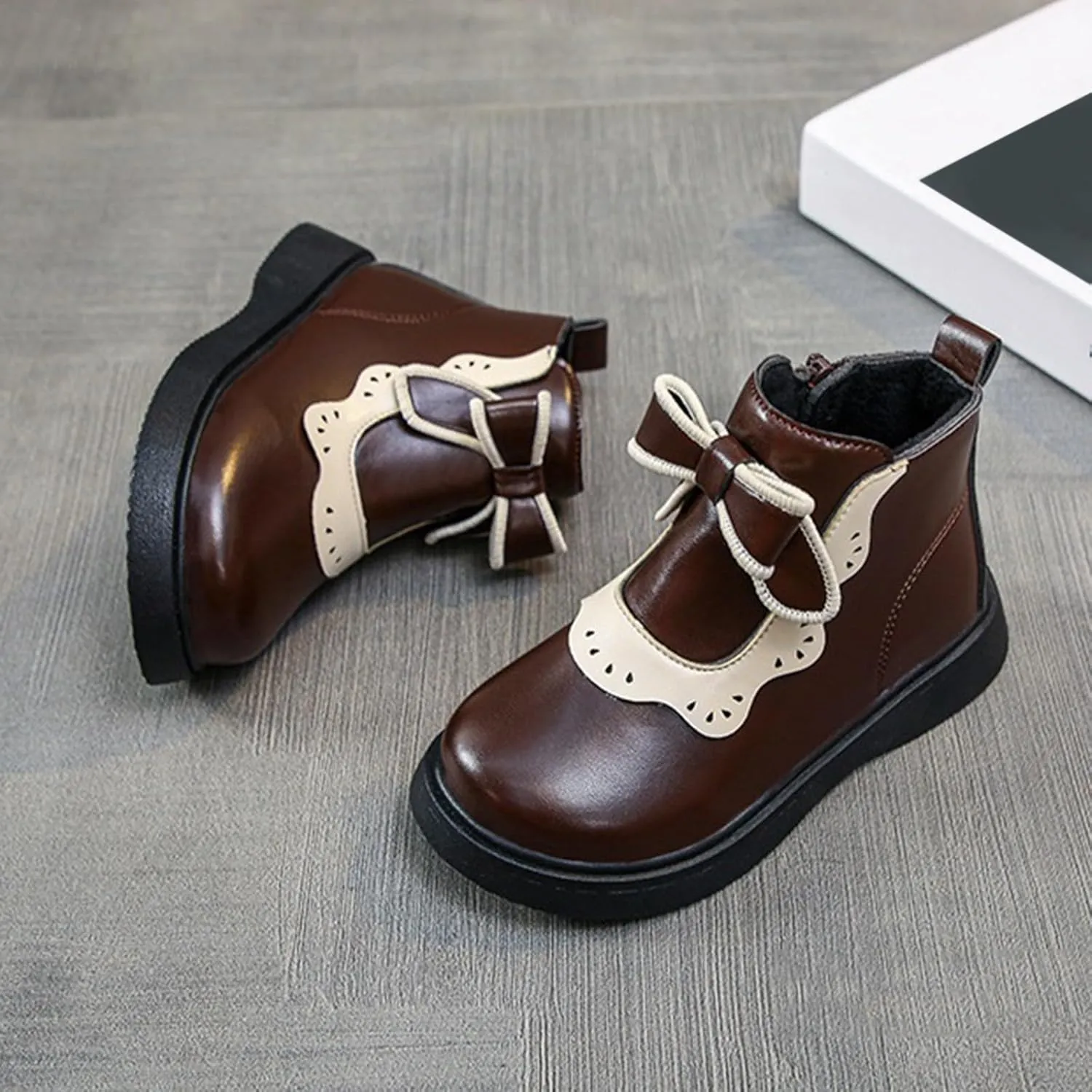 Girls Leather Ankle Boots Bowknot Warm Snow Shoes Baby Infant Non Slip Round Toe Warm Booties with Side Zipper