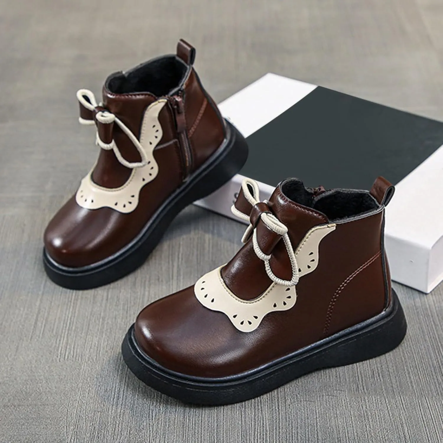 Girls Leather Ankle Boots Bowknot Warm Snow Shoes Baby Infant Non Slip Round Toe Warm Booties with Side Zipper