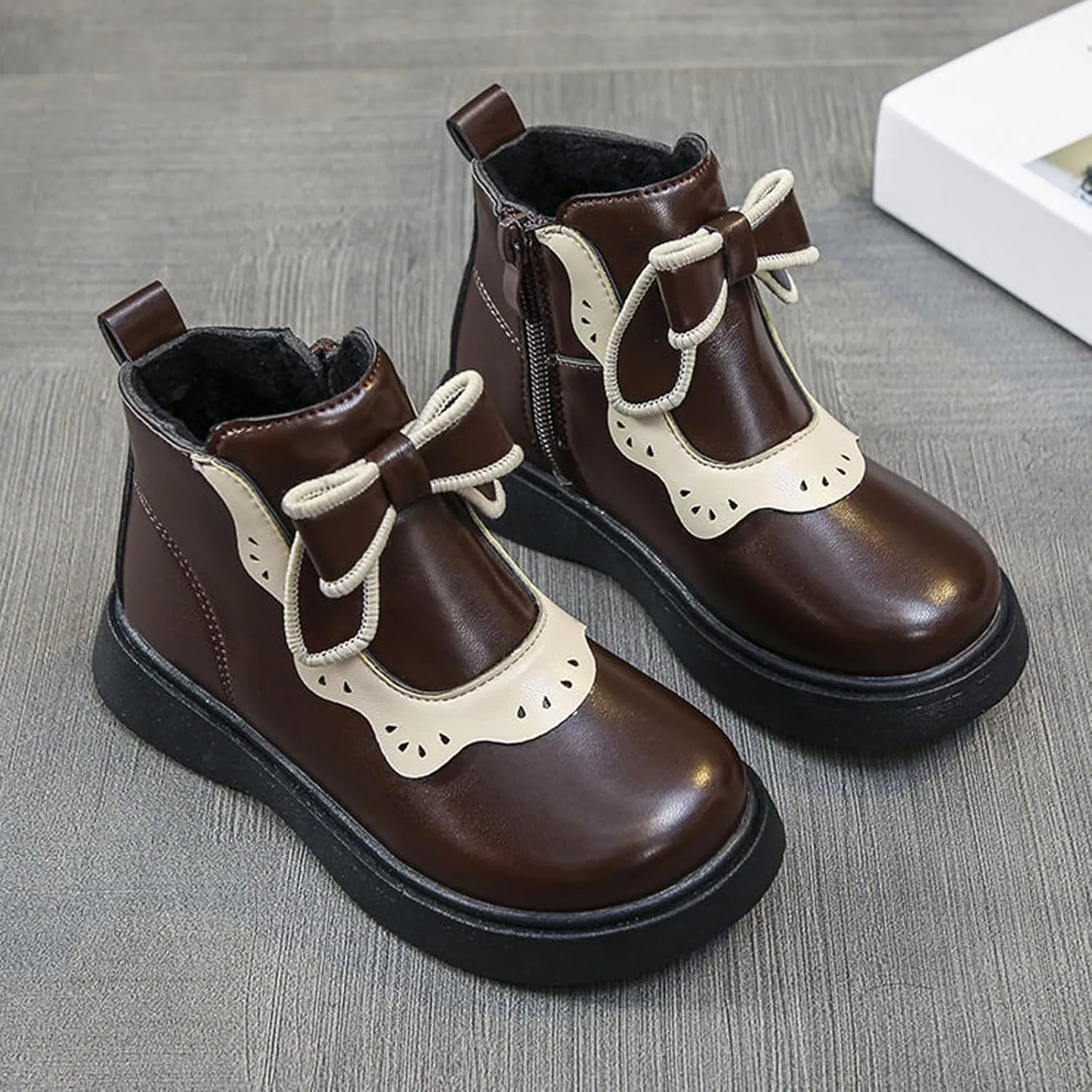 Girls Leather Ankle Boots Bowknot Warm Snow Shoes Baby Infant Non Slip Round Toe Warm Booties with Side Zipper