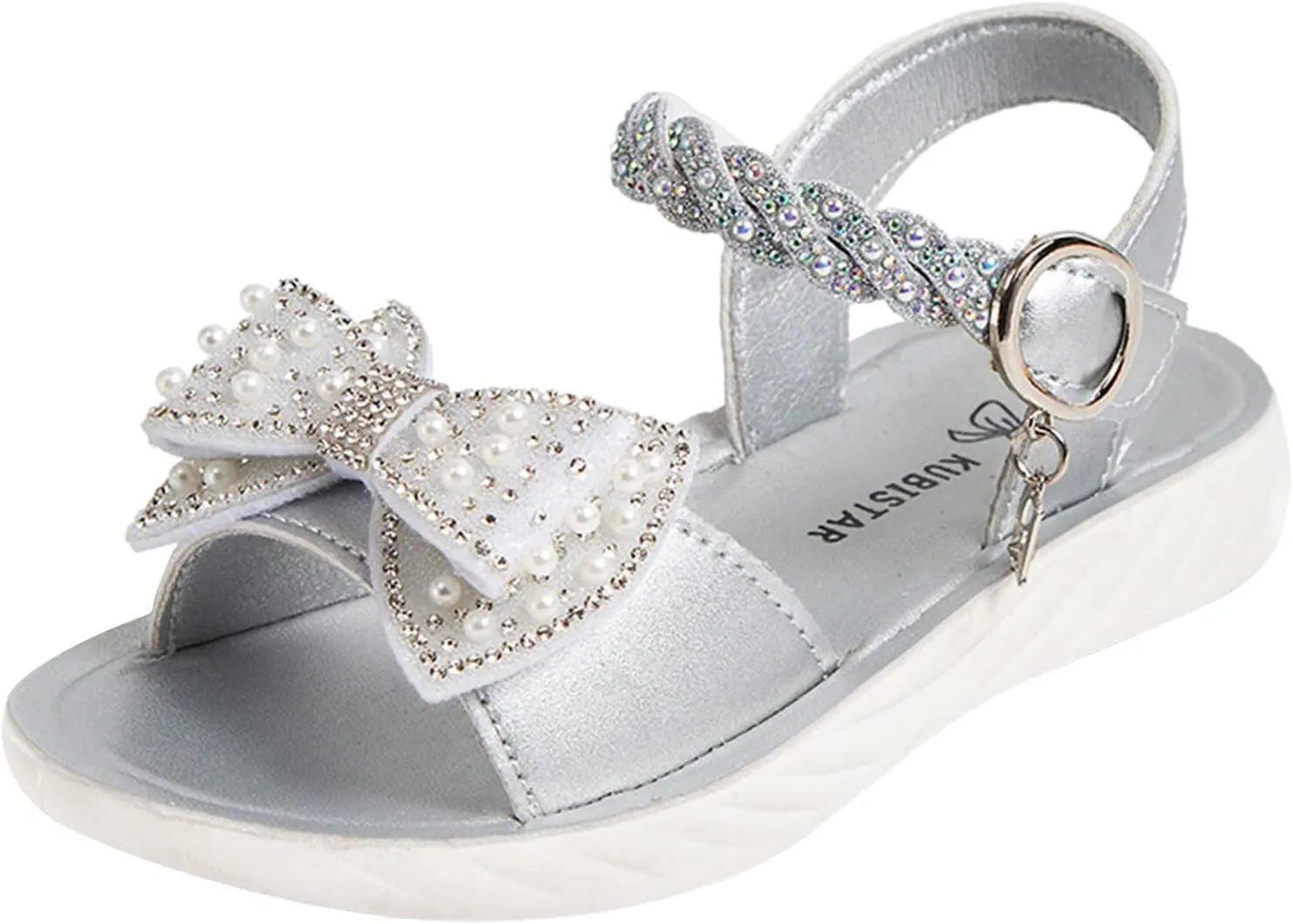 Girls Pearl Sequins Princess Sandals Open Toe Dress Bow Shoes with Strap Little Girls Kids Summer Wide Foam Loafers