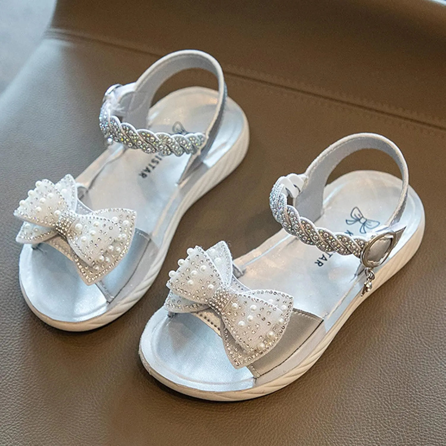 Girls Pearl Sequins Princess Sandals Open Toe Dress Bow Shoes with Strap Little Girls Kids Summer Wide Foam Loafers