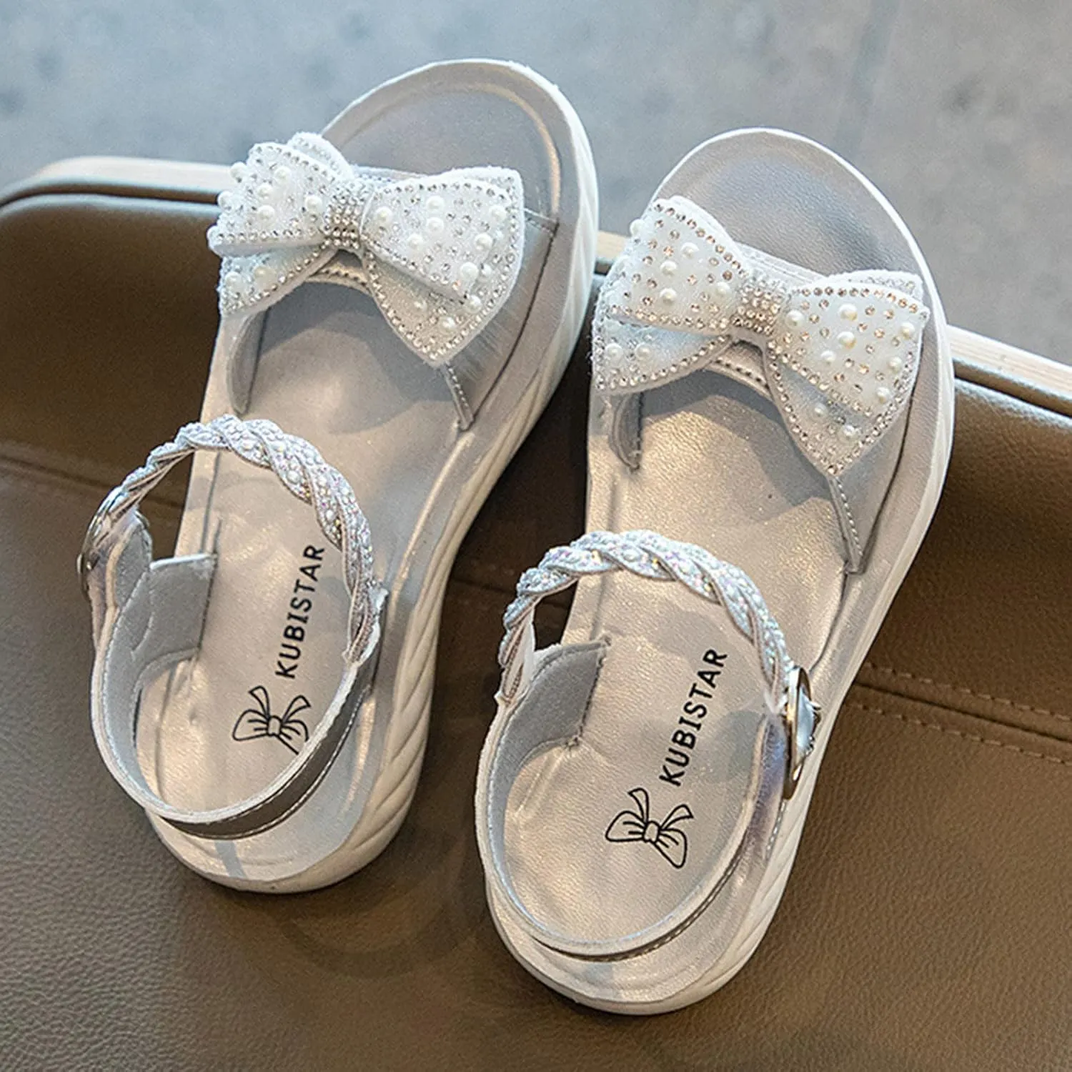 Girls Pearl Sequins Princess Sandals Open Toe Dress Bow Shoes with Strap Little Girls Kids Summer Wide Foam Loafers