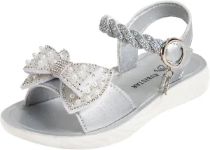 Girls Pearl Sequins Princess Sandals Open Toe Dress Bow Shoes with Strap Little Girls Kids Summer Wide Foam Loafers