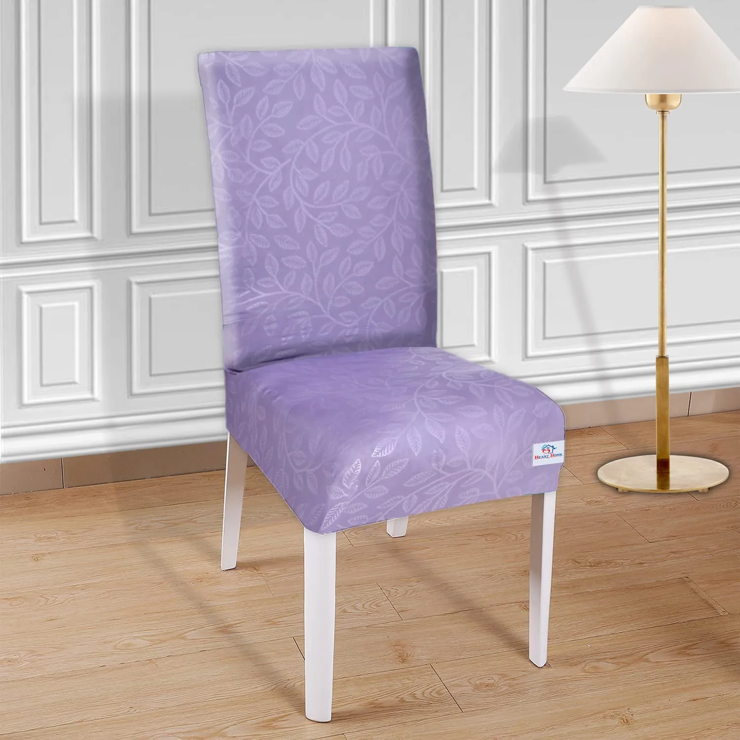 Heart Home Leaf Printed Polyester Stretchable Elastic Dining Chair Cover/Seat Slipcover/Seat Protector (Purple)-50HH0944