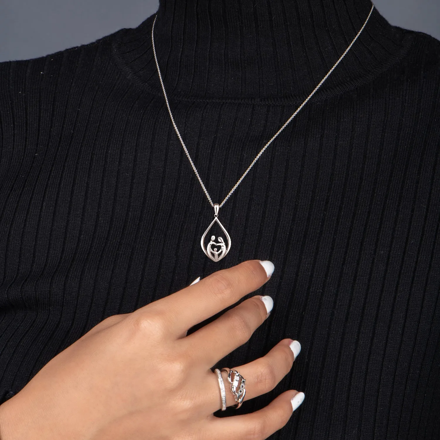 Jewelili Sterling Silver With Parent and One Child Teardrop Pendant Necklace