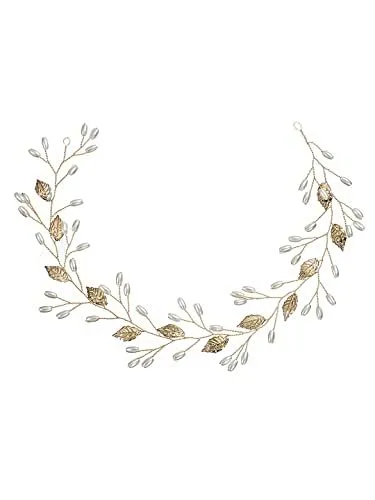 Kairangi Bridal Hair Vine for Women and Girls Bridal Hair Accessories for Wedding Golden Headband Hair Accessories Wedding Jewellery for Women Leafy Pearl Bridal Wedding Head band Hair Vine for Girls