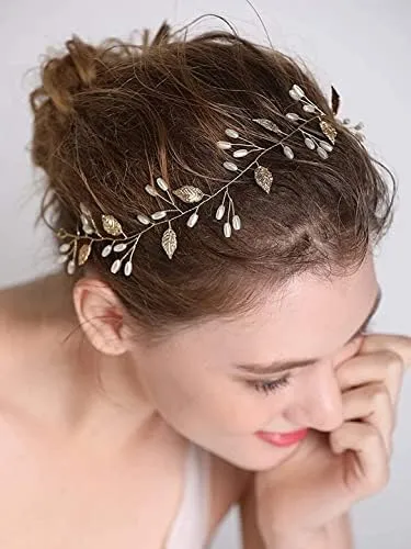 Kairangi Bridal Hair Vine for Women and Girls Bridal Hair Accessories for Wedding Golden Headband Hair Accessories Wedding Jewellery for Women Leafy Pearl Bridal Wedding Head band Hair Vine for Girls