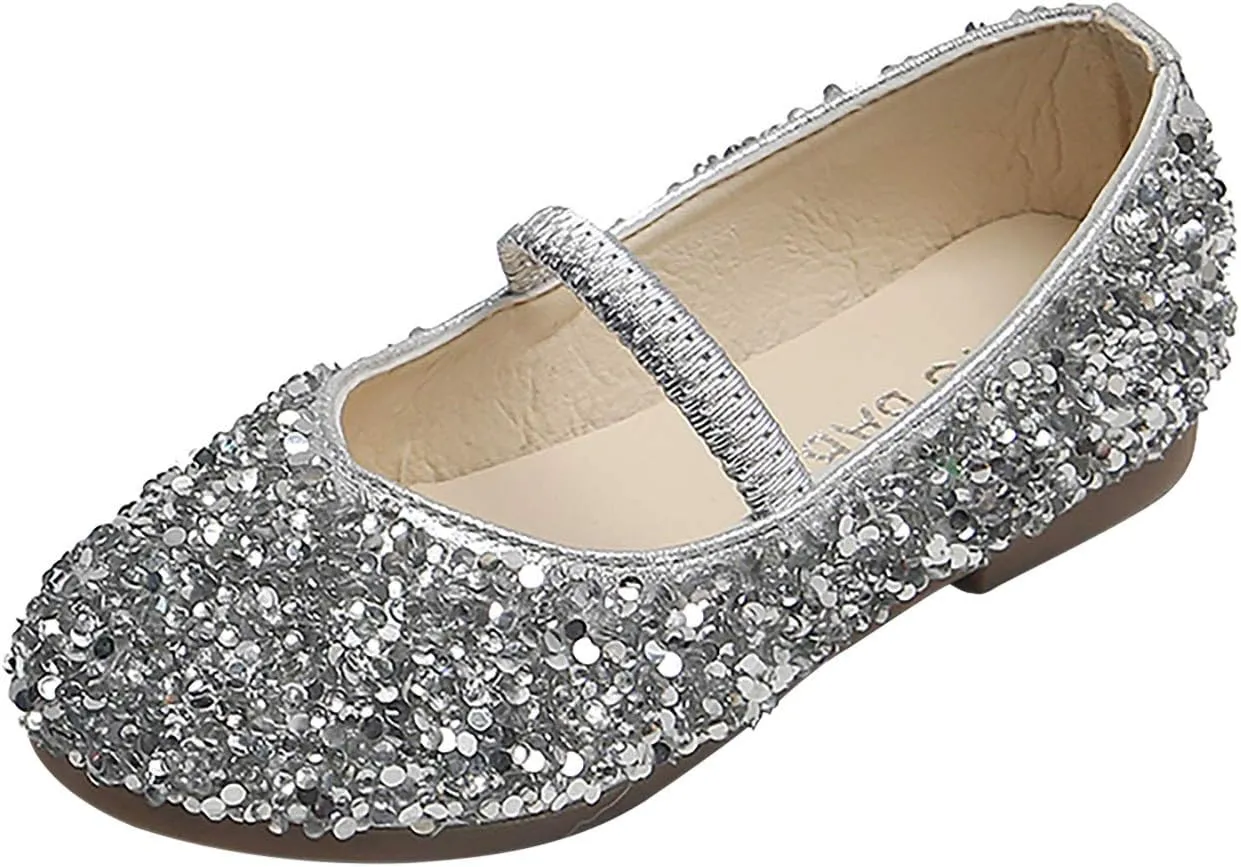 Kids Girls Ankle Sequins Dance Shoes Toddler Baby Sole Rubber Glitter Sandals with Strap Loafers Fancy Pageant Sneakers