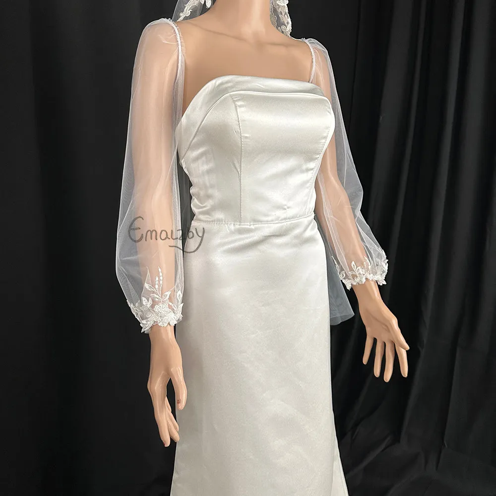 long bohemian sheer tulle bridal sleeve,detachable elegant wedding dress sleeve,lace sleeves BYRDSL109