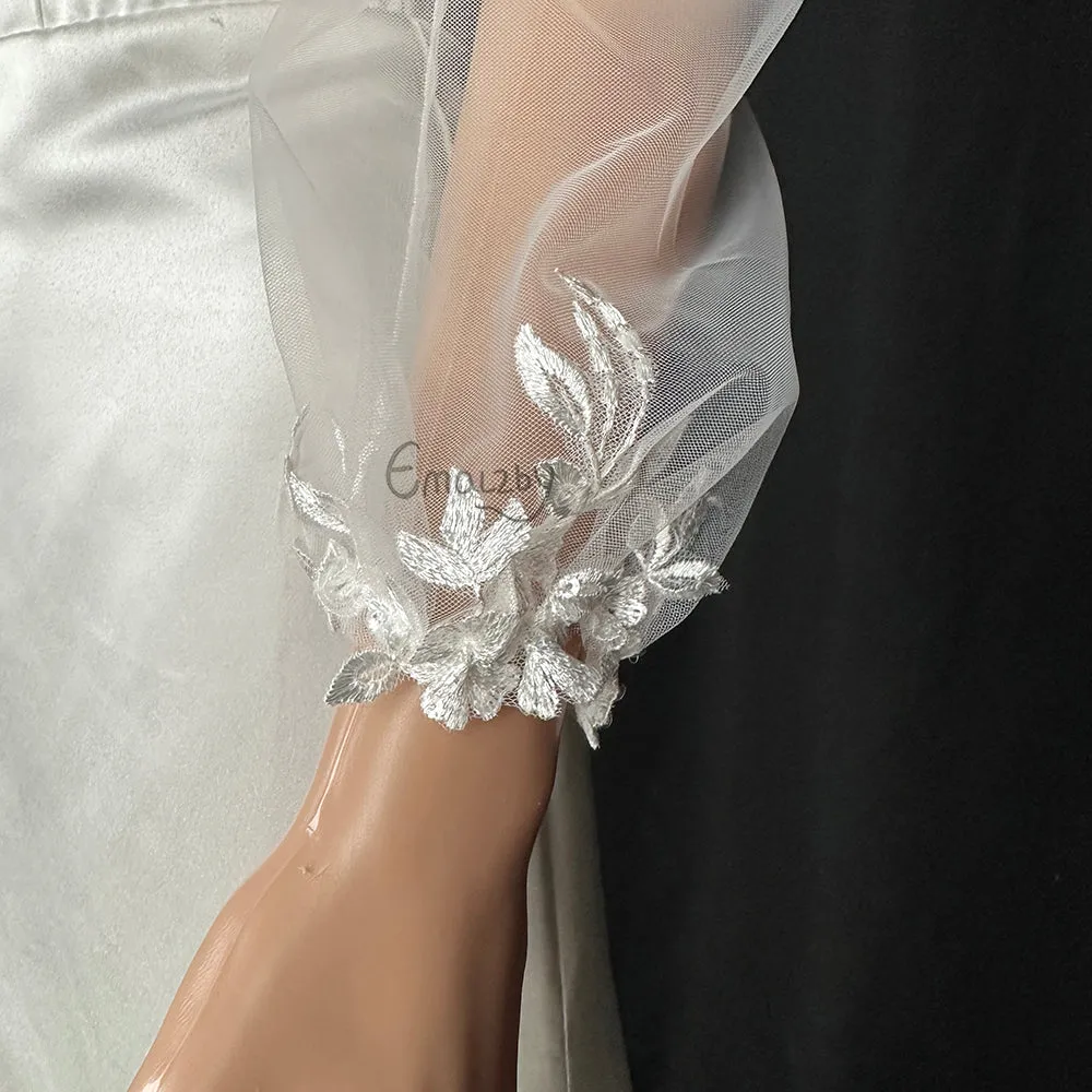 long bohemian sheer tulle bridal sleeve,detachable elegant wedding dress sleeve,lace sleeves BYRDSL109