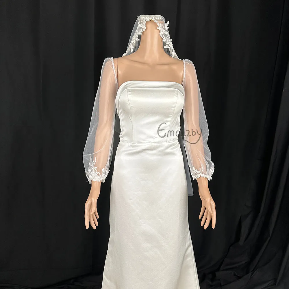 long bohemian sheer tulle bridal sleeve,detachable elegant wedding dress sleeve,lace sleeves BYRDSL109