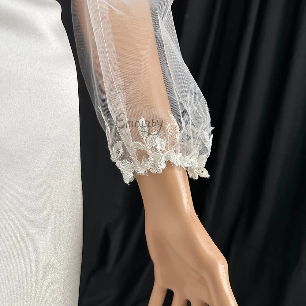 long bohemian sheer tulle bridal sleeve,detachable elegant wedding dress sleeve,lace sleeves BYRDSL109