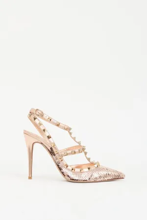 Pink Leather & Sequined Rockstud Caged Pump