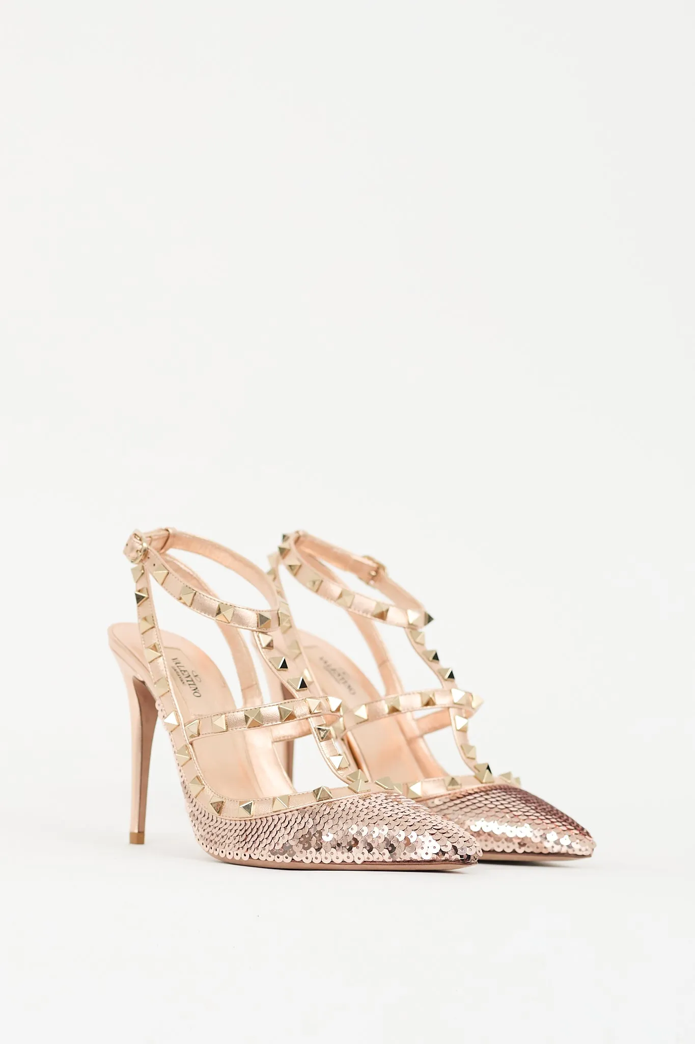 Pink Leather & Sequined Rockstud Caged Pump