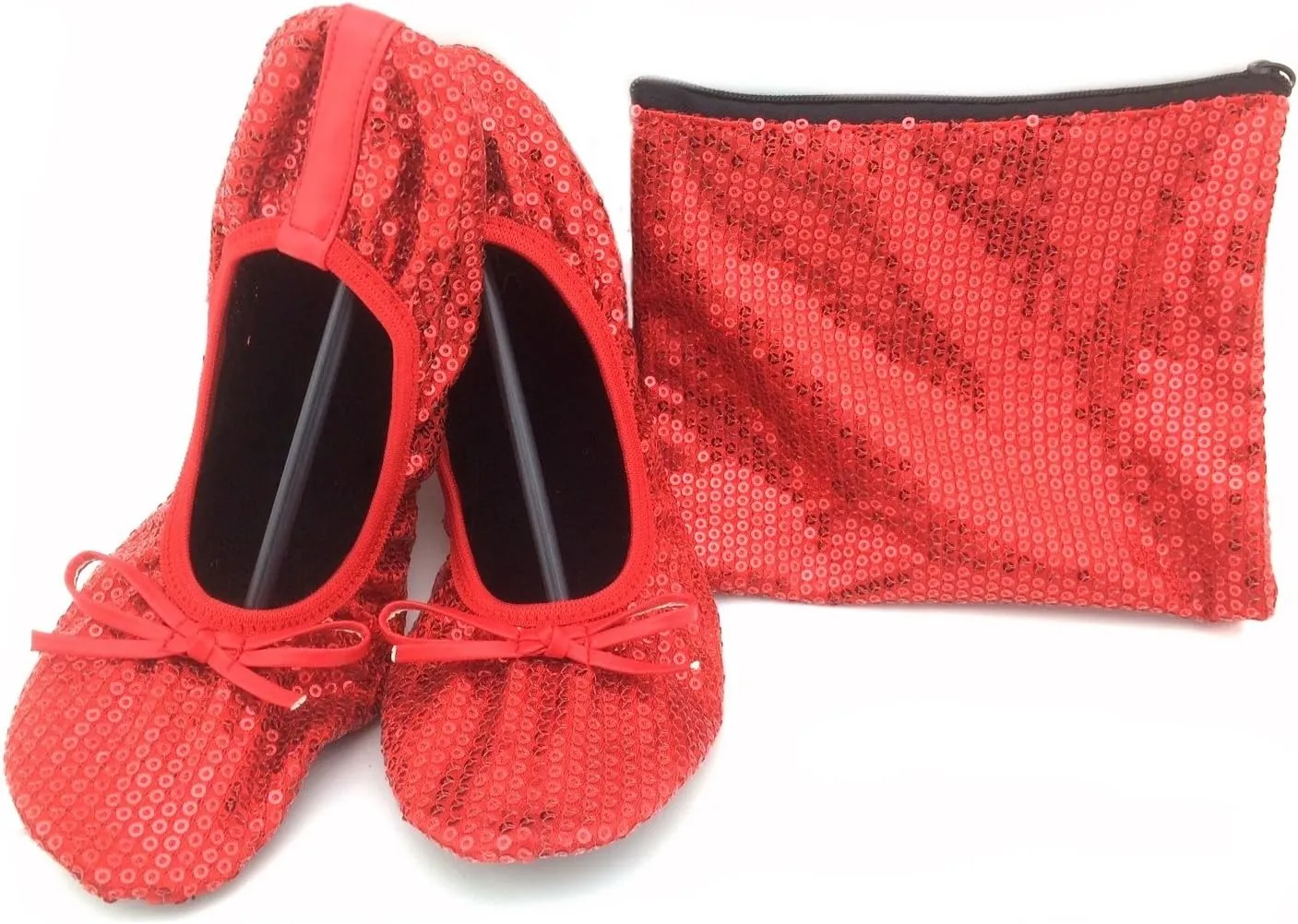 Shoes8teen Women's Foldable Sequins Ballet Flat Shoes w/Matching Carrying Case (9/10, Red Sequin SH18)