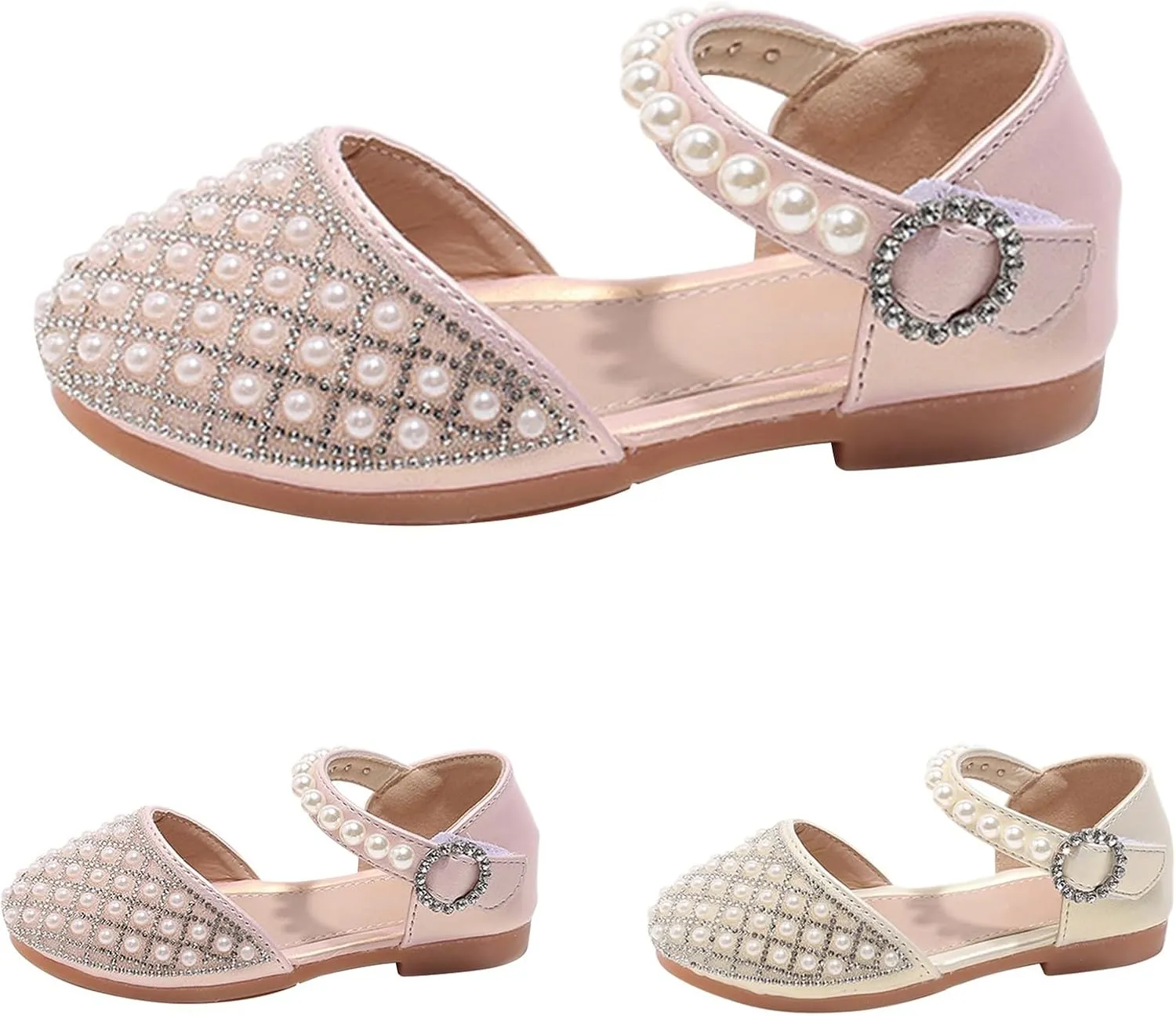 Toddler Girls Glitter Pearl Sandals Adjustable Straps Closed Toe Kids Mary Jane Shoes Dress up Wedding Outdoor