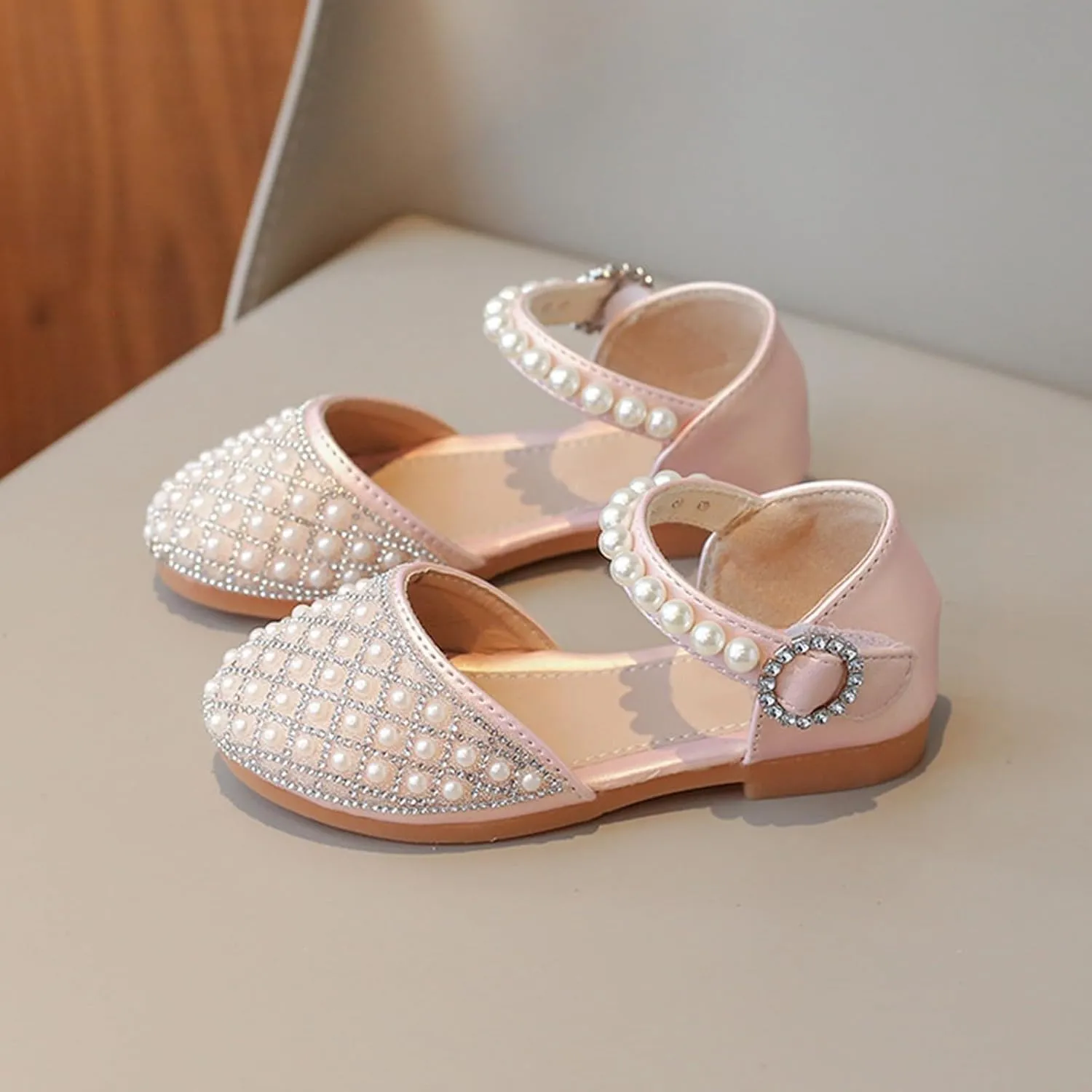Toddler Girls Glitter Pearl Sandals Adjustable Straps Closed Toe Kids Mary Jane Shoes Dress up Wedding Outdoor
