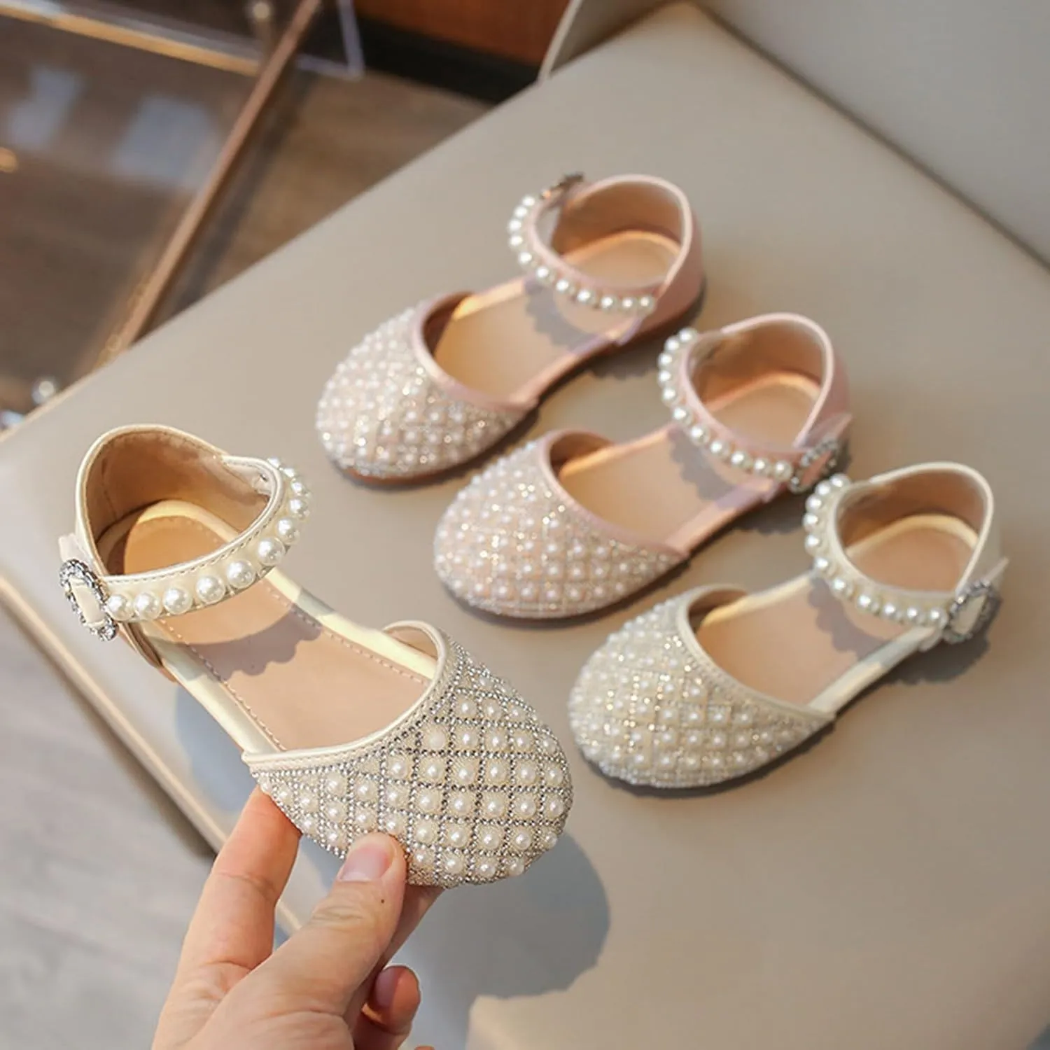 Toddler Girls Glitter Pearl Sandals Adjustable Straps Closed Toe Kids Mary Jane Shoes Dress up Wedding Outdoor