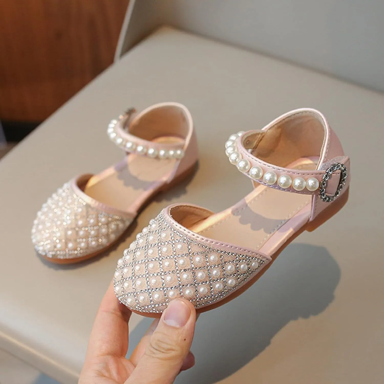 Toddler Girls Glitter Pearl Sandals Adjustable Straps Closed Toe Kids Mary Jane Shoes Dress up Wedding Outdoor