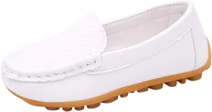 Toddler Little Kid Boys Girls No Slip On Loafers Dress Flat Shoes Soft Suede Leather Flat Boat Shoes Loafer (White, 34)