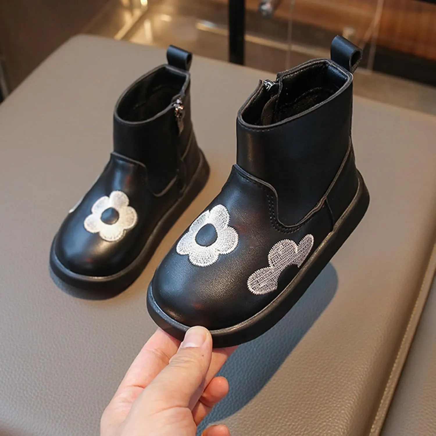 Toddler/Little Girls Short Ankle Boots Kids Flower Embroidery Side Zipper Dress Booties Casual School Flat Teenage Boots