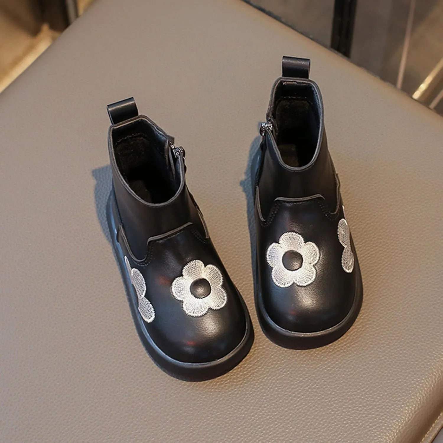 Toddler/Little Girls Short Ankle Boots Kids Flower Embroidery Side Zipper Dress Booties Casual School Flat Teenage Boots