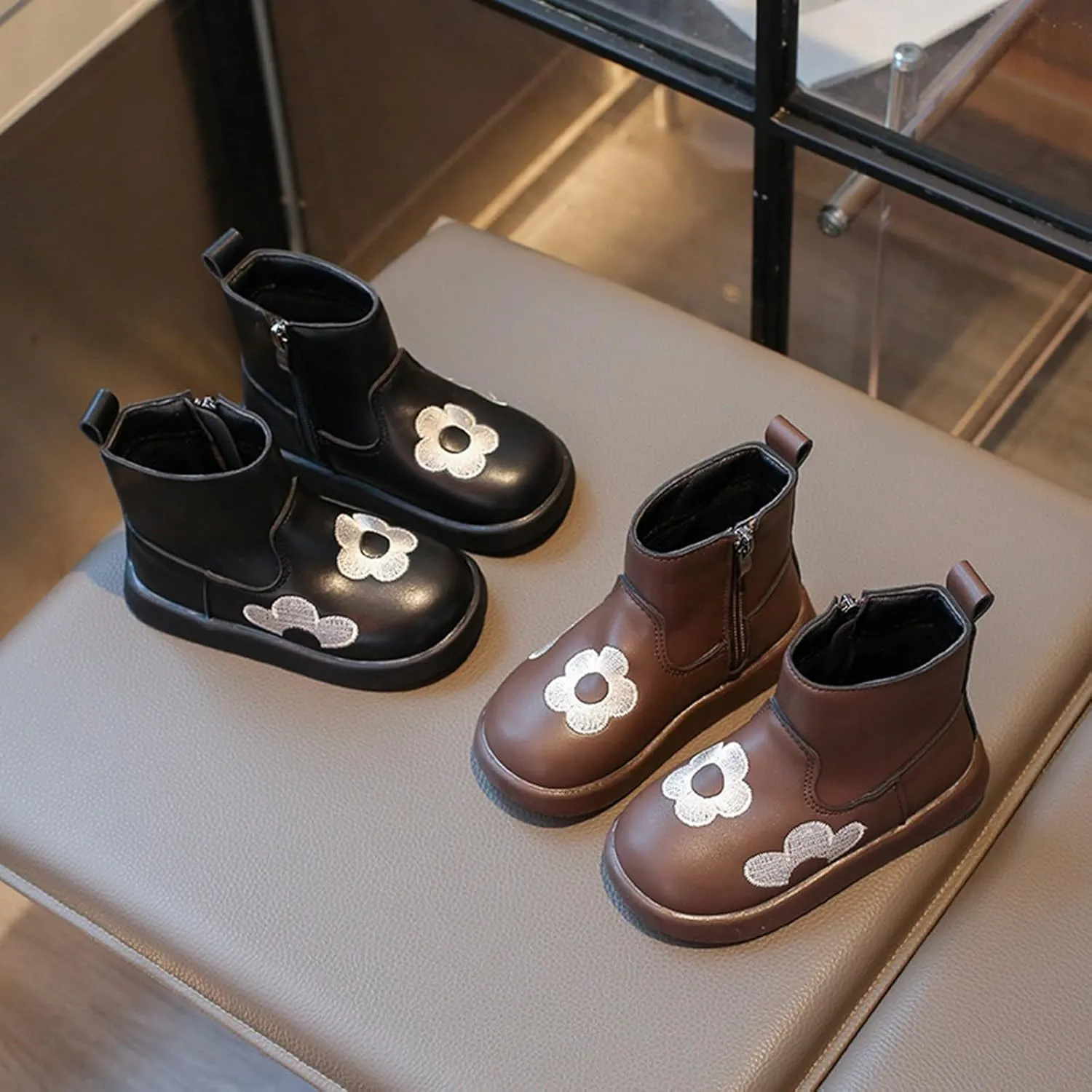Toddler/Little Girls Short Ankle Boots Kids Flower Embroidery Side Zipper Dress Booties Casual School Flat Teenage Boots