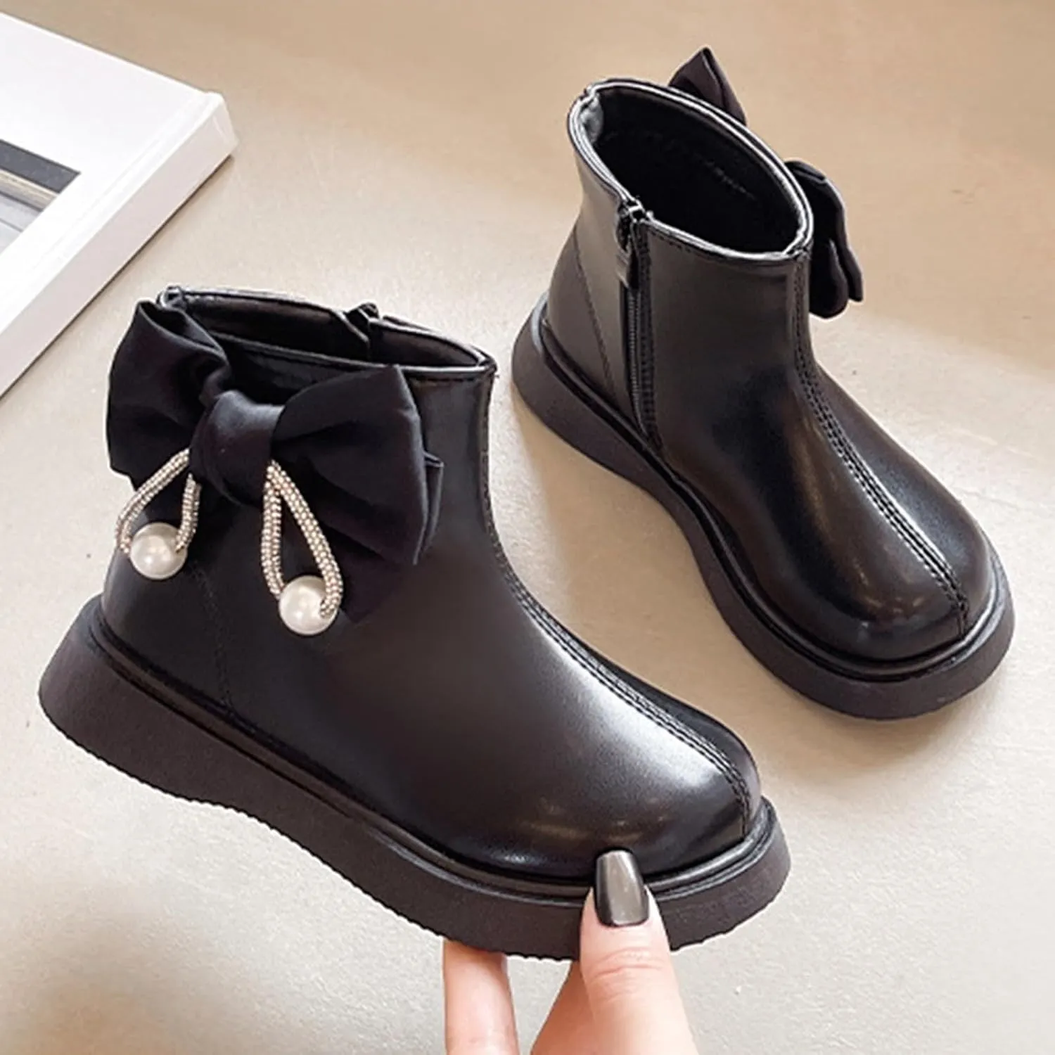 Toddler/Little Girls Sweet Short Ankle Boots Kids Cute Bowknot Water-Proof Side Zipper Low Heel Dress Booties