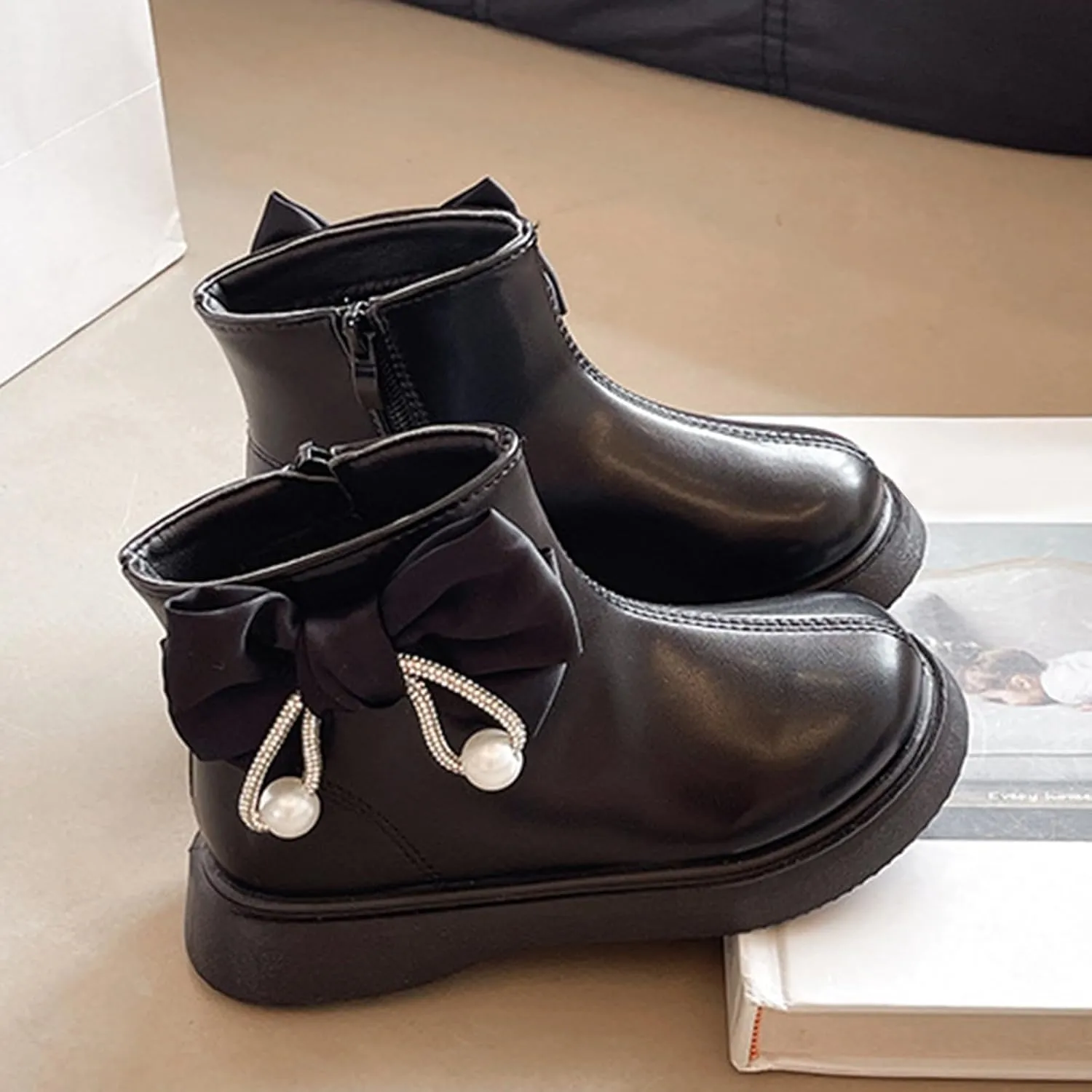 Toddler/Little Girls Sweet Short Ankle Boots Kids Cute Bowknot Water-Proof Side Zipper Low Heel Dress Booties