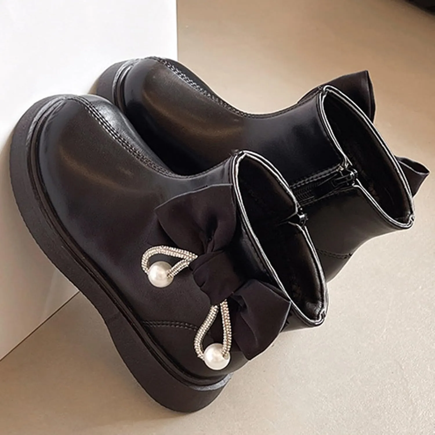 Toddler/Little Girls Sweet Short Ankle Boots Kids Cute Bowknot Water-Proof Side Zipper Low Heel Dress Booties