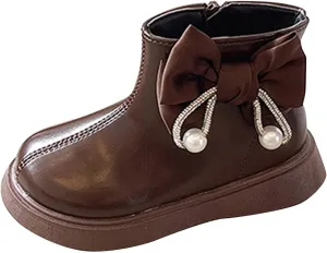 Toddler/Little Girls Sweet Short Ankle Boots Kids Cute Bowknot Water-Proof Side Zipper Low Heel Dress Booties