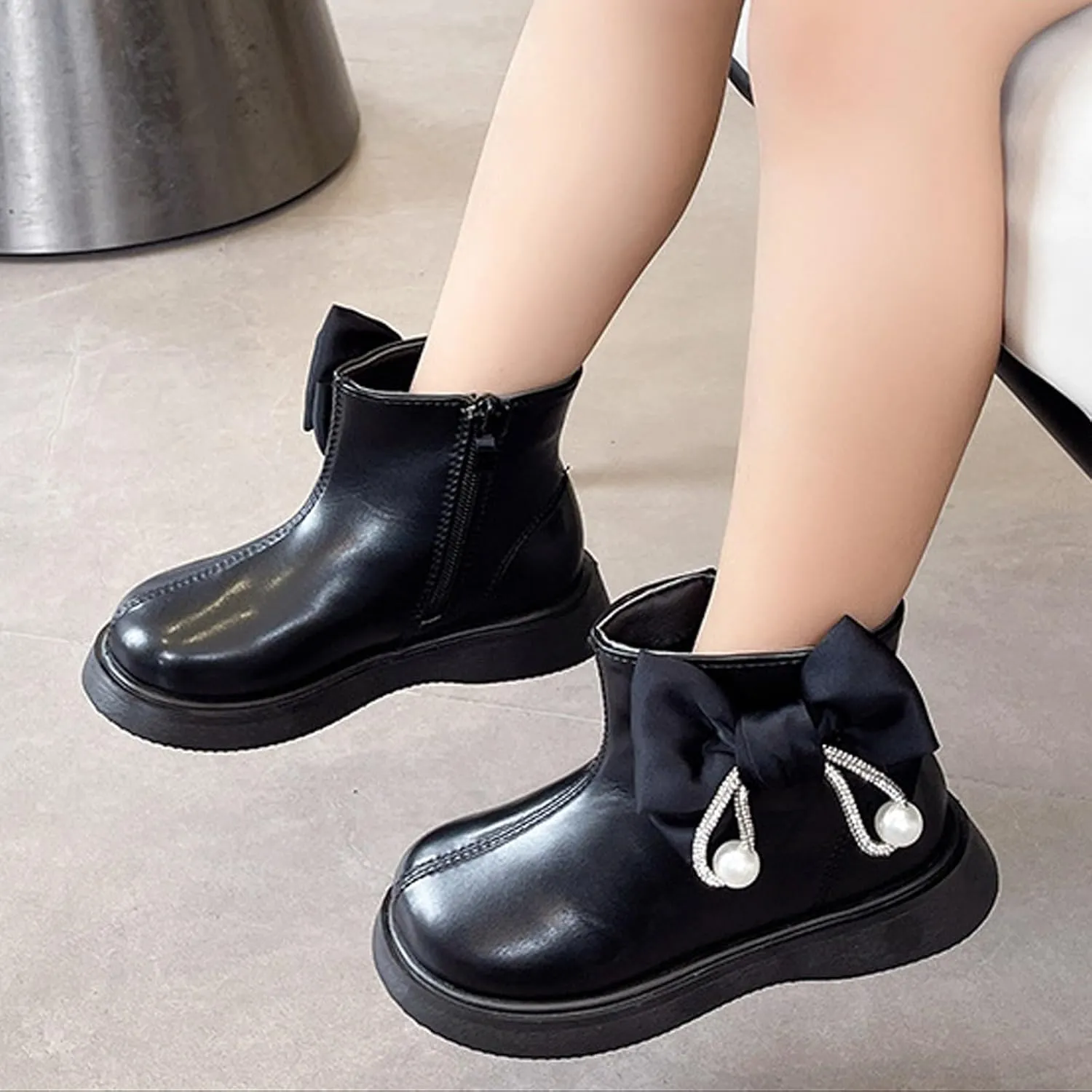 Toddler/Little Girls Sweet Short Ankle Boots Kids Cute Bowknot Water-Proof Side Zipper Low Heel Dress Booties