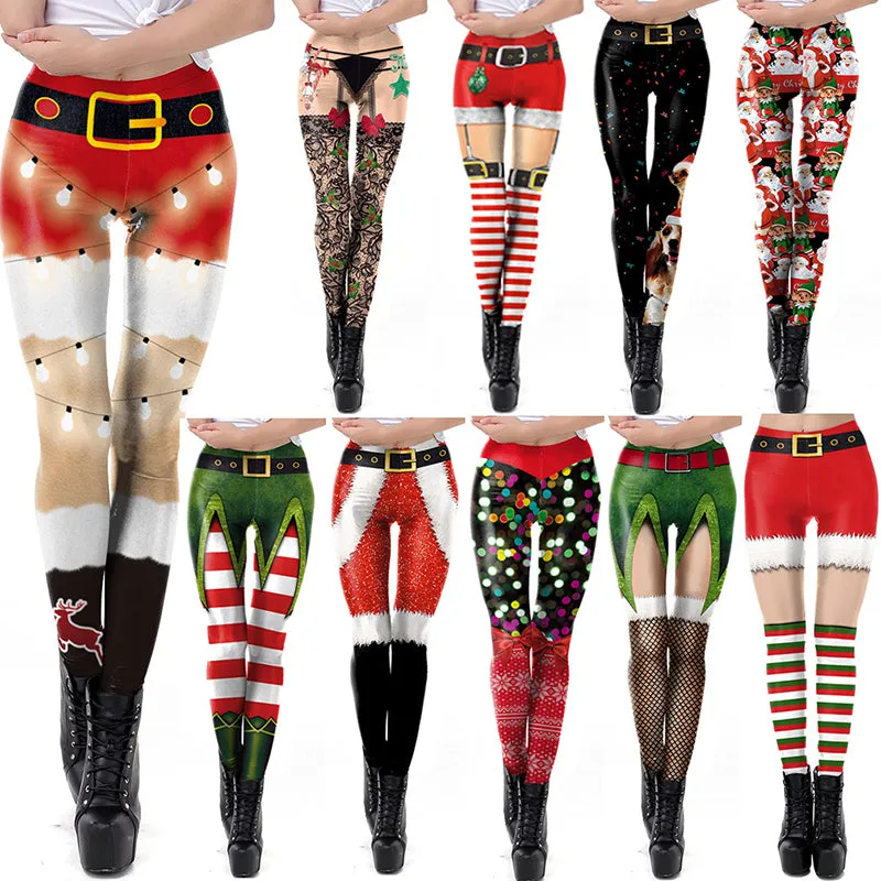 Wjczt Women Leggings Fashion 3D Digital Printing Christmas Leggings Funny Sexy Printed Elastic Christmas Skinny Leggings Gothic