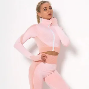 Women High Collar Long Sleeve Fitness Jogger Clothes Running Sportswear with Zipper