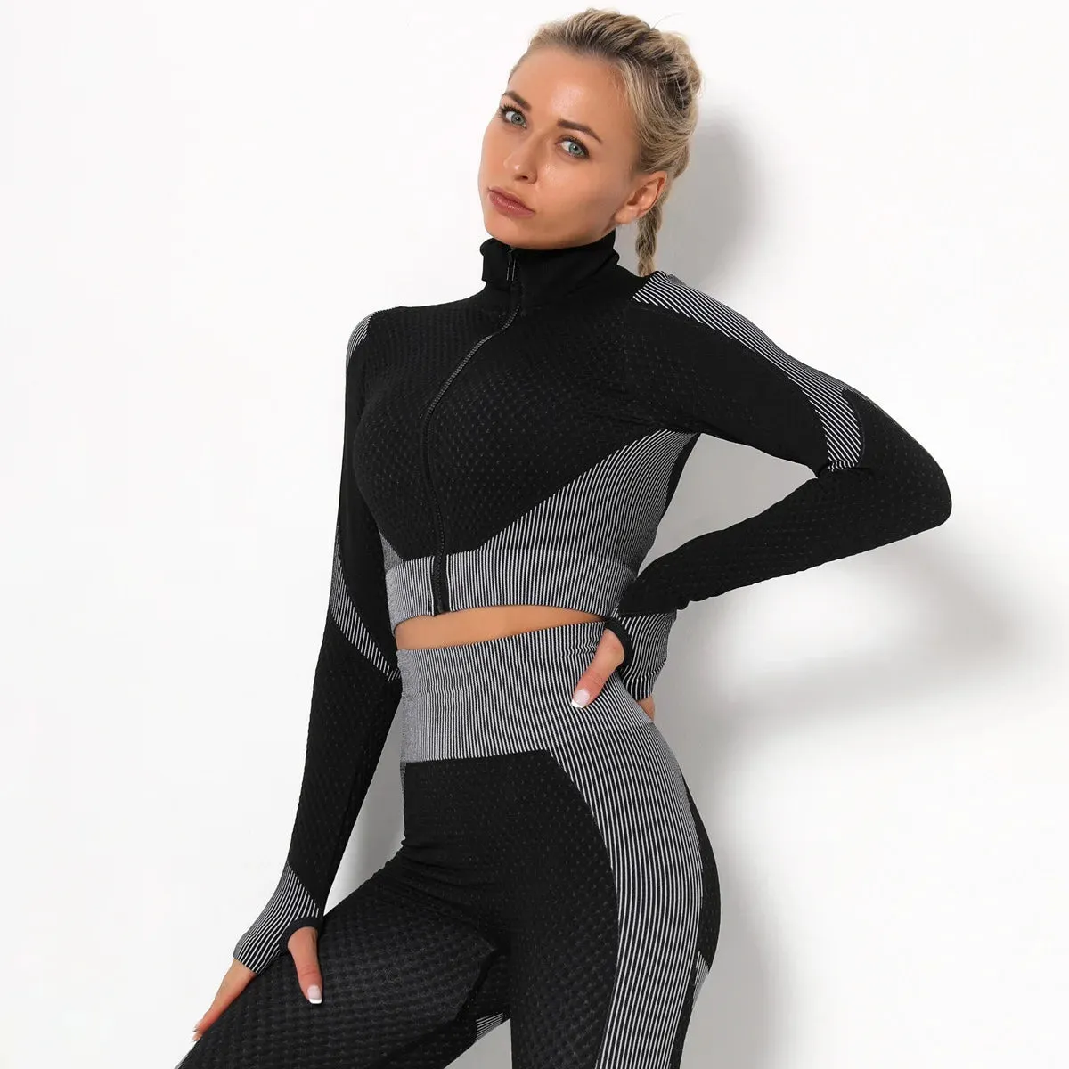 Women High Collar Long Sleeve Fitness Jogger Clothes Running Sportswear with Zipper