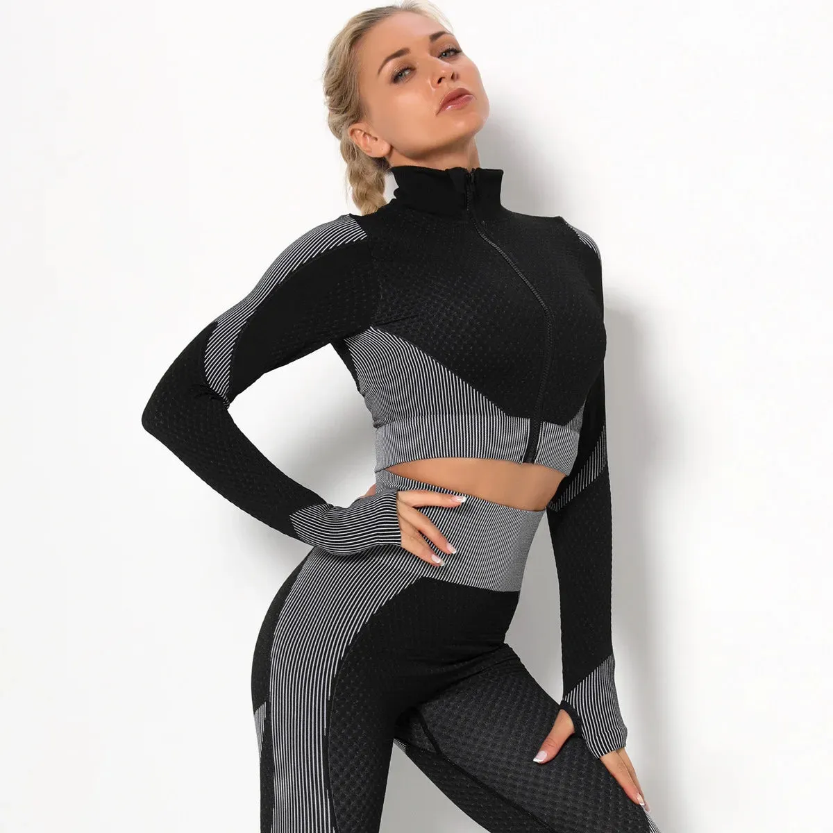 Women High Collar Long Sleeve Fitness Jogger Clothes Running Sportswear with Zipper