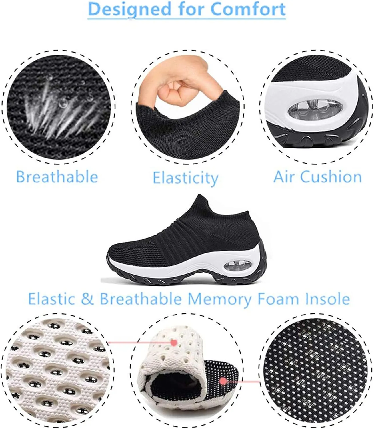 Womens Trainers with Memory Foam Comfortable Slip on Work Walking Shoes Air Cushion Breathable Tennis Shoes Athletic Road Running Trainers Sports Shoes (Black a 41EU)