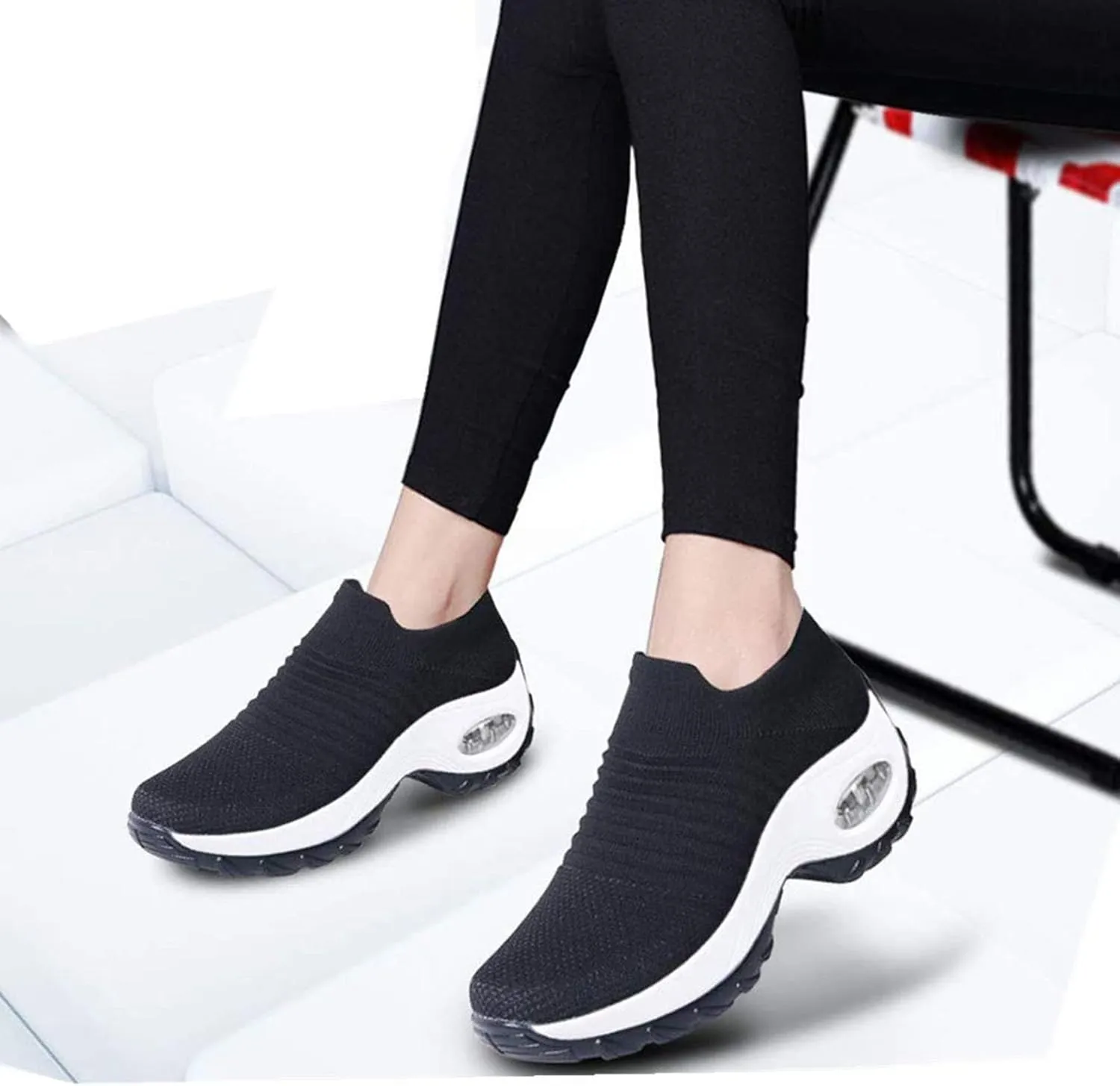 Womens Trainers with Memory Foam Comfortable Slip on Work Walking Shoes Air Cushion Breathable Tennis Shoes Athletic Road Running Trainers Sports Shoes (Black a 41EU)