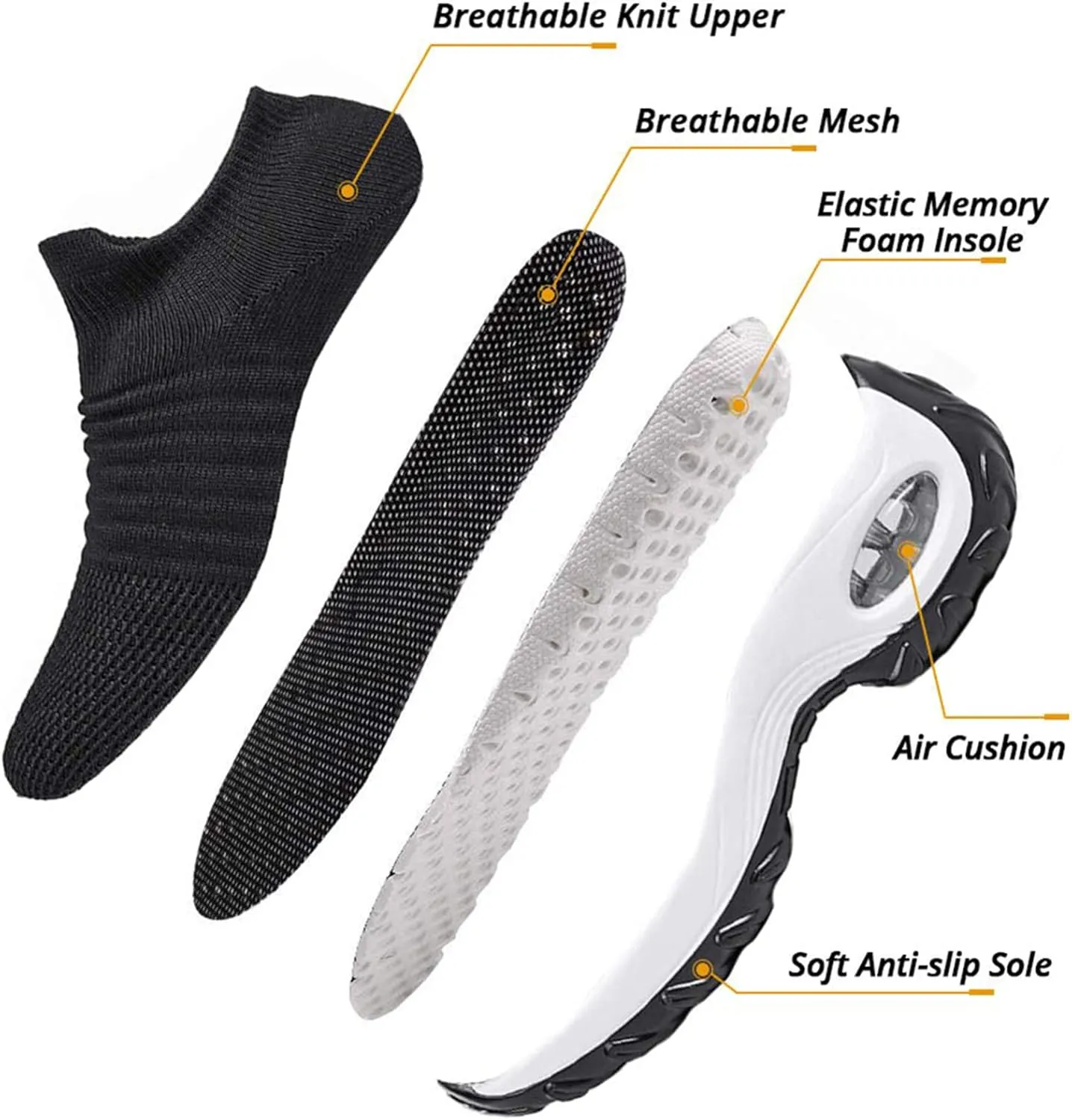 Womens Trainers with Memory Foam Comfortable Slip on Work Walking Shoes Air Cushion Breathable Tennis Shoes Athletic Road Running Trainers Sports Shoes (Black a 41EU)